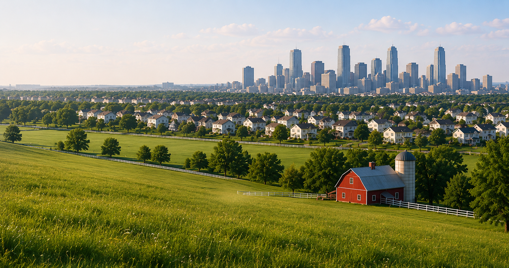 Landscape transitioning from rural farmland to suburban neighborhoods and an urban skyline.
